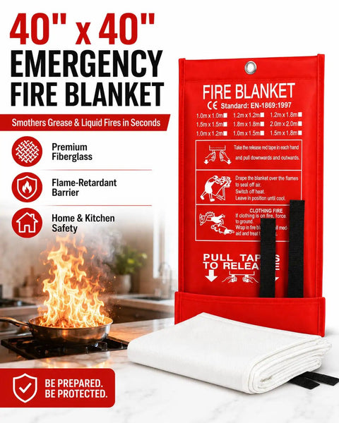 Two Pack Hella Tough Emergency Fire Blanket, 40 Inch Premium Fiberglass Flame Resistant Sheet, kitchen safety gear with flames.