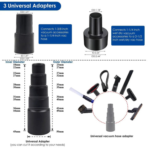 11 Pc Universal Vacuum Attachments Kit For Wet Dry Vac Accessories showing three adapters and various cleaning tools