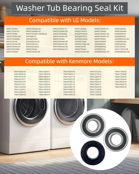 Premium Pro Grade Washer Tub Bearing Seal Kit Replacement For Lg And Kenmore Appliances with compatible models list.