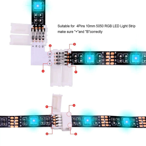 All In One Must Have Solderless RGB LED Strip Connector Kit with 4 Pin 5050 Connectors, L Shape for 10mm Wide Strips in use
