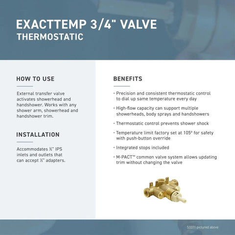ExactTemp 3/4-inch valve thermostatic features and benefits overview with S3371 model image.