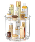 Rotating Makeup Organizer With Two Tier Lazy Susan Turntable For Vanity And Bathroom Counter with skincare bottles.