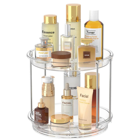 Rotating Makeup Organizer With Two Tier Lazy Susan Turntable For Vanity And Bathroom Counter with skincare bottles.
