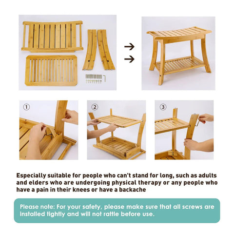 Assembly guide for a beige bamboo shower bench with storage shelf 2 tier spa stool for inside shower sturdy bath bench for adults