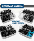 Universal Car Door Trim Panel Clips Kit With 1101 Pieces including black and blue fasteners in a plastic storage box.