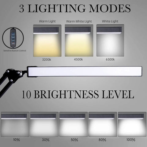 Led Desk Lamp With Clamp And Swing Arm For Easy Setup, Eye Friendly Reading Light With 3 Color Modes And 10 Brightness Levels