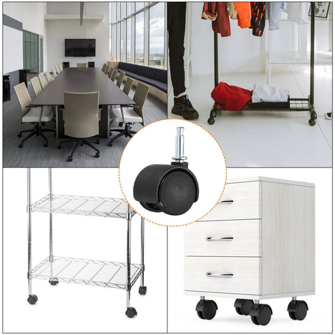 1 Inch Nylon Swivel Stem Casters 10 Pack With 360 Degree Insert Wheels for Chairs Shelves And Furniture Replacement 13 Kg Capacity Per Caster Floor Friendly Durable Nylon Rollers Black, used on office chairs, clothing racks, and cabinets.