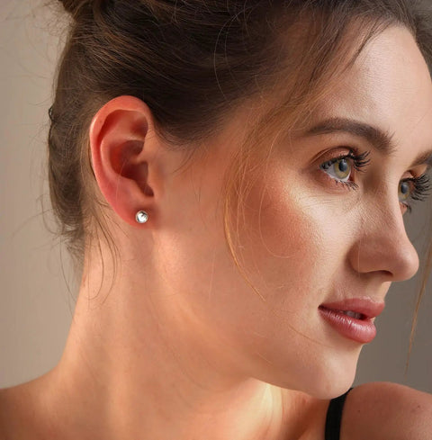 Sterling Silver Ball Stud Earrings 5mm For Women Hypoallergenic Lightweight Classic Round Studs 925 Certified Earrings For Sensitive Ears Everyday Minimalist Jewelry on model