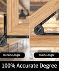 Professional Grade Aluminum Miter Saw Protractor With Dead On Laser Etched Markings For Crown Molding Trim Work Precision Carpenter Layout Gauge And Angle Finder Tool showing outside and inside angles on wood.