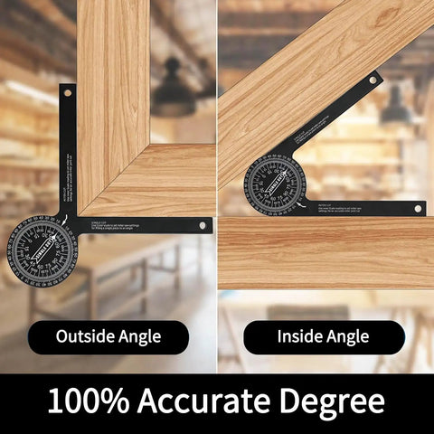 Professional Grade Aluminum Miter Saw Protractor With Dead On Laser Etched Markings For Crown Molding Trim Work Precision Carpenter Layout Gauge And Angle Finder Tool showing outside and inside angles on wood.