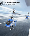 SYMA S107H Mini RC Helicopter With Gyro And Altitude Hold in blue flying indoors, suited for adults and kids, showing 2-speed modes.
