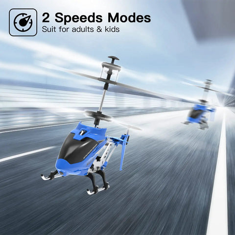 SYMA S107H Mini RC Helicopter With Gyro And Altitude Hold in blue flying indoors, suited for adults and kids, showing 2-speed modes.