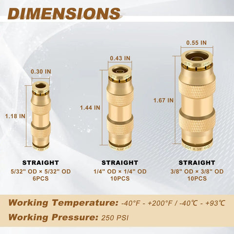 Dimensions of 26 Piece Quick Connect Brass DOT Air Line Fittings Straight Union Kit For 1/4 Inch, 3/8 Inch, And 5/32 Inch Tubing