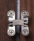 Close-up of Hidden Cross Hinges For Doors 4 Pack 180 Degree Opening Stainless Steel Satin Finish Invisible Gate Hinges Installed