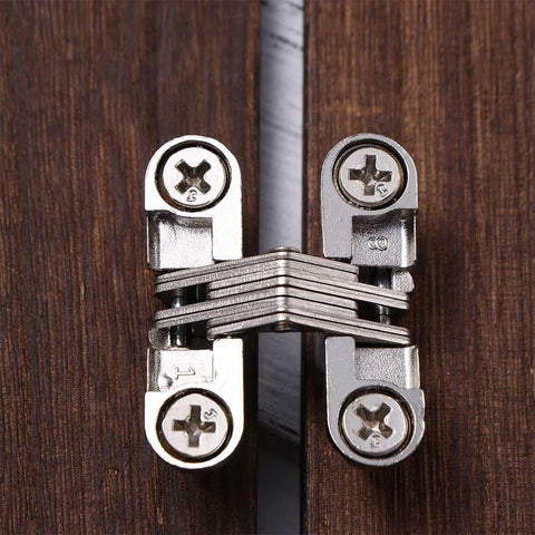 Close-up of Hidden Cross Hinges For Doors 4 Pack 180 Degree Opening Stainless Steel Satin Finish Invisible Gate Hinges Installed