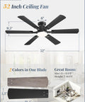 52 Inch Ceiling Fan With Lights, App And Remote, Flush Mount Low Profile Black Ceiling Fan in modern living room setting.