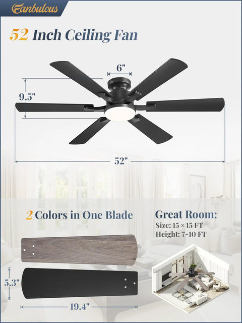 52 Inch Ceiling Fan With Lights, App And Remote, Flush Mount Low Profile Black Ceiling Fan in modern living room setting.