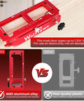 Pro Grade Aluminum Door Hinge Template Kit For Routers in red, showing heavy duty build and precise mortise jig for easy setup.