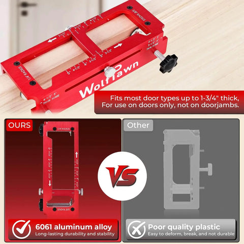 Pro Grade Aluminum Door Hinge Template Kit For Routers in red, showing heavy duty build and precise mortise jig for easy setup.