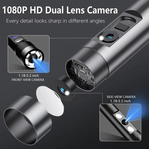 Close-up of dual lens design on Endoscope Camera With Light And 4.3 Inch IPS Display, No-Brainer Tool For Tight Spaces.