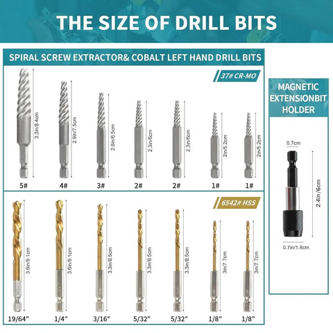 15 Piece Screw Extractor Set With Left Hand Reverse Drill Bits, 37 CR MO And 6542 HSS Cobalt Steel, drill bits size chart