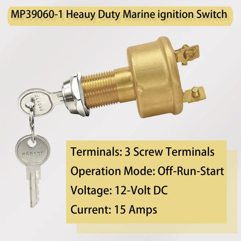 Heavy Duty Marine Ignition Switch Replacement MP39060-1 Three Position Off On Start Brass Construction with Keys
