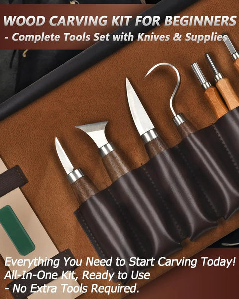 Deluxe Wood Carving Kit For Beginners To Pros With Leather Case And Packed Whittling Tool Set Of Knives And Chisels