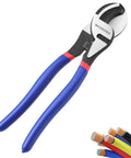 Heavy Hitting High Leverage Cable Cutter Tough As Nails Chrome Vanadium Steel Wire Shear For Electrical And Construction Sites Knocks Out Soft Copper And Aluminum Like A Champ With Ergonomic Rubberized Grips, showing blue rubberized grips.