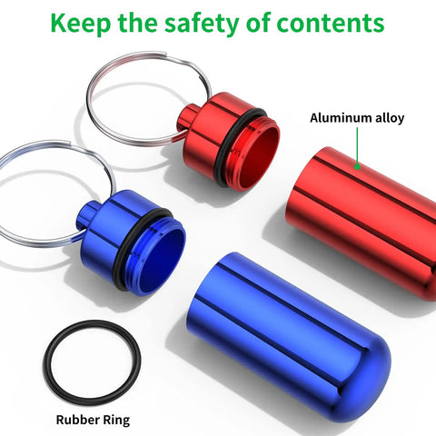 Red and blue aluminum pill cases open to show rubber ring seals, part of 10 Pack Portable Aluminum Pill Case With Keychain, Waterproof Airtight Metal Mini Box For Outdoor Camping Travel, Pocket Pill Organizer For Everyday Carry And Dry Safe Storage, Go To EDC Essential.