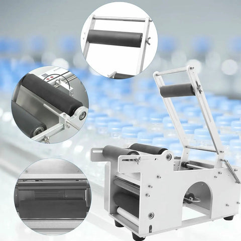 Plug And Play Semi Automatic Round Bottle Labeler With Tight Grip Adjustment Handles 15 To 150Mm Bottles side view with rollers visible