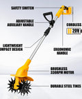 Cordless 20V Tiller Tool Only With 300W Brushless Motor, 8 Inch Width, 6.3 Inch Depth, 48 Steel Tines, ergonomic handles