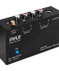 Pyle Phono Turntable Preamp Mini Electronic Audio Stereo Phonograph Preamplifier With 9V Battery Compartment in black.
