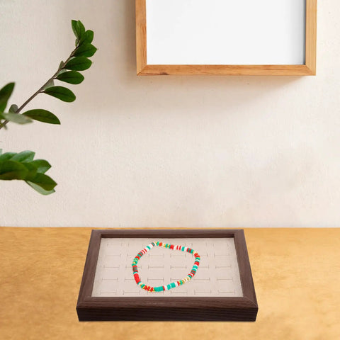 Solid Wood Earring Organizer And Ring Keeper Tray With Thirty Open Slots For Stashing Bracelets And Chains In A Rich Walnut Finish with colorful necklace