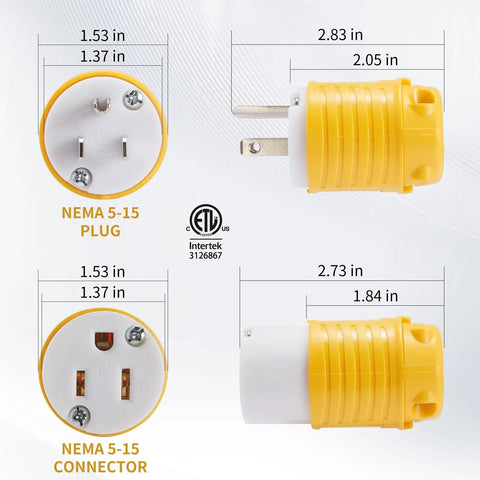 Replacement NEMA 5 15P Plug Ends 10 Pack Built To Last Heavy Duty Extension Cord Ends With Adjustable Rear Cord Clamp For SJT 18 16 14 12 Wires ETL Listed 2 Pole 3 Wire Straight Grounding Type, yellow