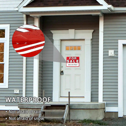 Close-up of Four Pack 14 By 10 For Sale Sign for Cars on door, showcasing waterproof feature, with rain and snow resistance highlighted.