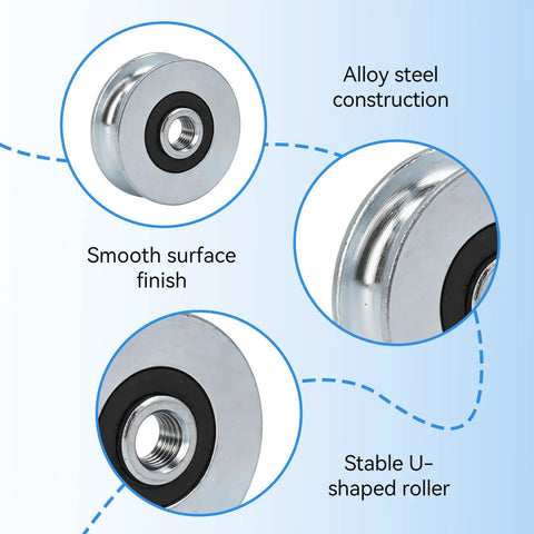 4 Piece U Groove Track Guide Bearings Set for Pulleys and Rails, U Type Roller Wheels, 40mm Outer Diameter, 8mm Bore, Alloy Steel, Heavy Duty, Easy Install, Smooth Rolling, Symmetrical Alignment, alloy steel wheel close-up