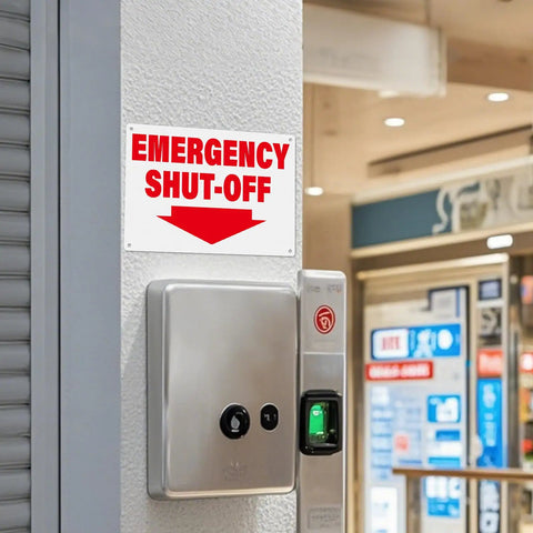 Mounted 2 Pack Aluminum Tough As Nails Emergency Shut Off Signs 10 By 7 Inches Waterproof And Durable High Visibility For Industrial Use