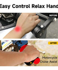 Comparison of hand on throttle before and after using motorcycle cruise assist, highlighting easy control and relaxed hand positioning.