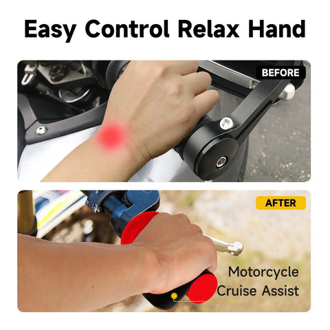 Comparison of hand on throttle before and after using motorcycle cruise assist, highlighting easy control and relaxed hand positioning.