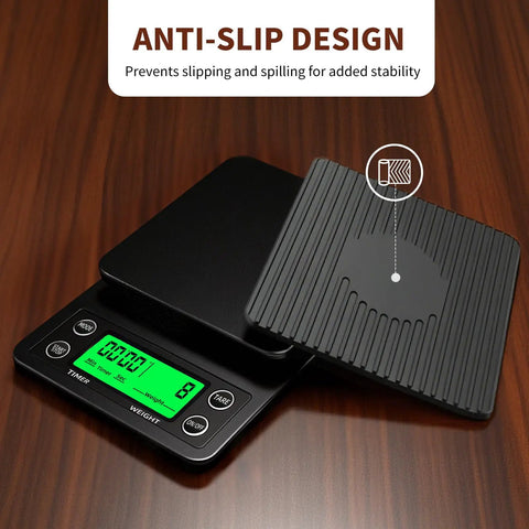 Coffee Scale With Timer 0.1g Precision, 3kg Drip Espresso Scale For Pour Over Coffee, black scale with anti-slip mat on table.