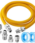 72 Inch Flexible Stainless Steel Gas Line Kit For Dryer Stove And Range, No Fuss Install With Preinstalled Fittings, Five Eighth Inch Outer Diameter, Includes Three Quarter FIP, One Half MIP, And Three Quarter MIP Fittings