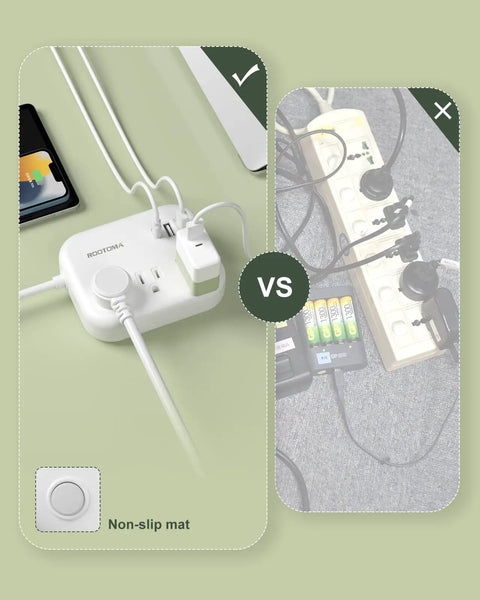 Six Foot European Travel Power Strip With Three US Outlets And Three USB Ports, US To Europe Plug Adapter, shown with devices plugged in.