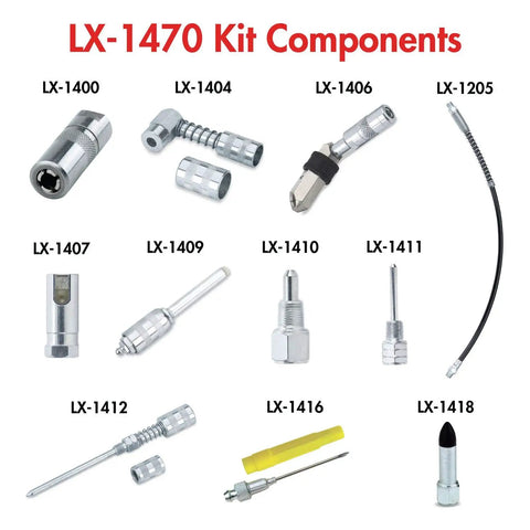 11 Piece Lubrication Accessory Kit With Silver Finish And Storage Case Includes Popular Lube Accessories For Grease Guns And Pumps.
