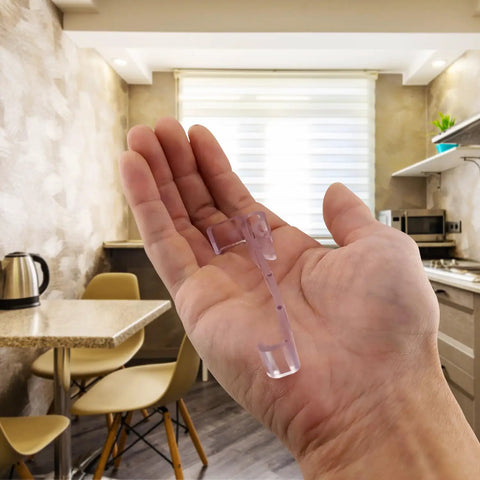 Top Notch Three Inch Valance Clips For Window Shades And Blinds in hand, clear poly holder size shown for easy installation.