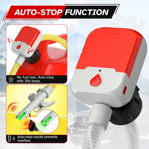 No Sweat Portable Fuel Transfer Pump With Smart Auto Stop Shutoff 3.8 Gallons Per Minute showing auto-stop function design.