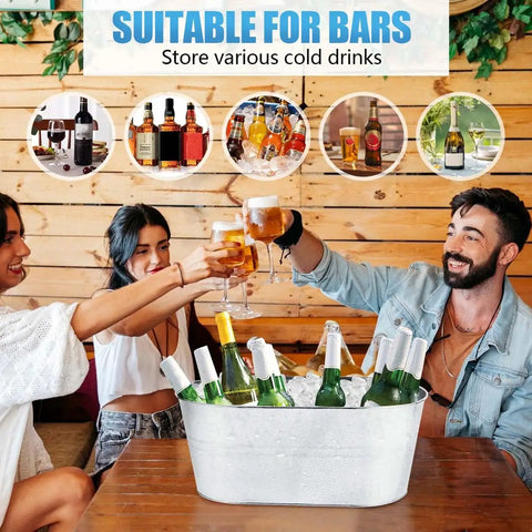People toasting over a galvanized ice bucket filled with drinks, suitable for Quad Pack Four Gallon Galvanized Ice Buckets With Heavy Duty Carry Handles For Beers Wines Cocktails And More Rust Proof Leak Proof Metal Cooler Tubs For Home Parties Bar Great For Beer Chillers And Wine Serving At Home Parties Or Bar Settings