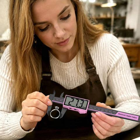 6 Inch Digital Caliper With Large LCD Screen, 0.01 Inch Precision, Inch Millimeter Switch, Auto Off, Pro Level DIY Measuring Tool For Accurate, Everyday Projects And Quick, Reliable Measurements. Pink digital caliper measuring a ring