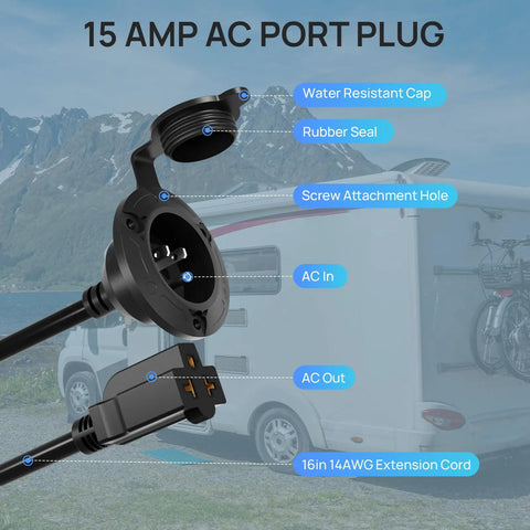 15 Amp 125V Shore Power Inlet with Weatherproof Outlet, open view showing ports and extension cord for RV power connection.