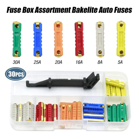 Heavy Duty 30 Piece Torpedo Fuse Assortment Kit For Classic Vintage Rides features assorted bakelite fuses in clear storage tray.