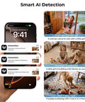 Crisp 2K Indoor Security Camera With Dual Band WiFi And Full Color Night Vision showing Smart AI Detection notifications on a smartphone.